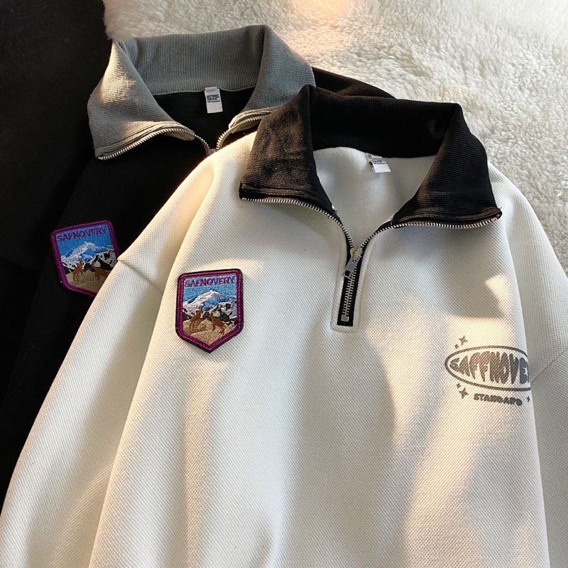 Áo sweater nam nữ dáng polo cổ tay áo phối hoạ tiết hình thêu