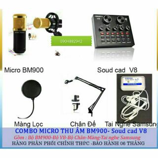 Combo livetream thu âm micro bm 900 sound card v8. chân kẹp bàn. màng lọc âm
