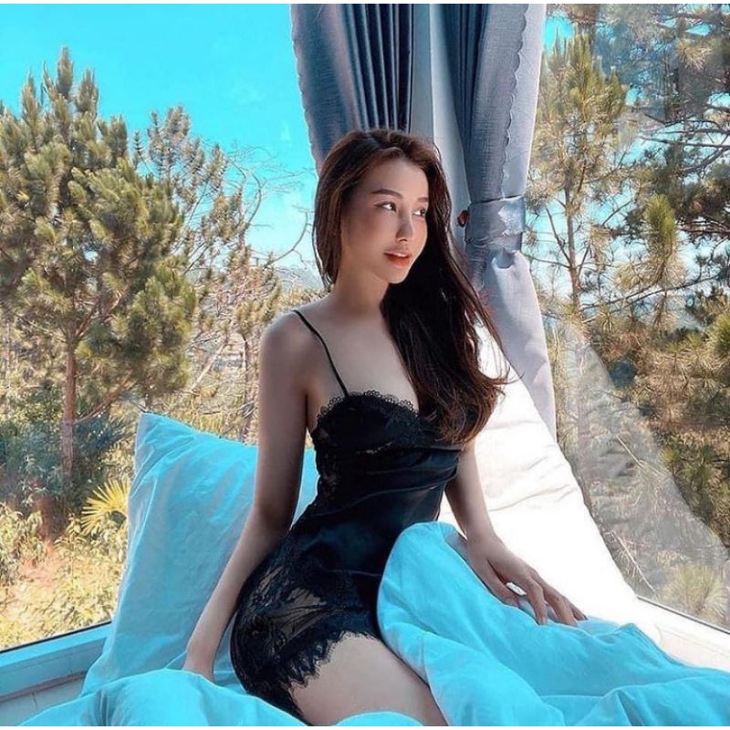 VN03 váy ngủ đầm ngủ nữ lụa satin pha ren mềm mại thoáng mát