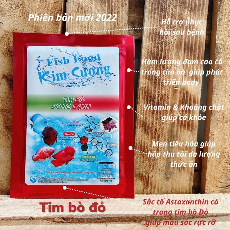 Tim bò Kim Cương - loại Đỏ - gói/100g - thức ăn chăm sóc cho cá cảnh - tăng màu,body và đầu - tiện lợi giàu dinh dưỡng