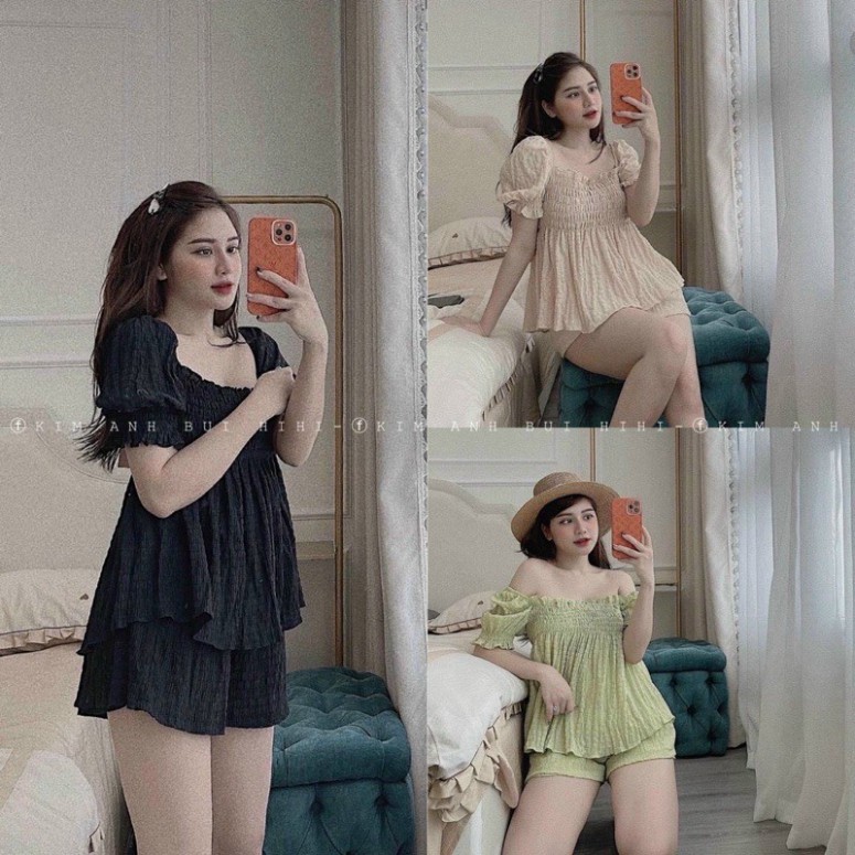 Đồ bộ nữ set bộ đũi nhăn xốp bo chun ngưc mặc nhà thời trang