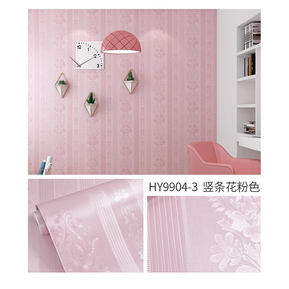 10M Giấy dán tường Sọc hồng Nổi hoa văn cao cấp sẵn keo khổ rộng 45cm