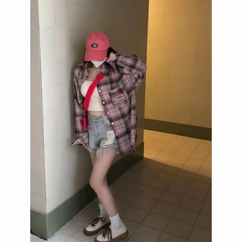 Áo sơ mi XIAOZHAINV tay dài dáng rộng sọc caro thời trang retro Hàn Quốc