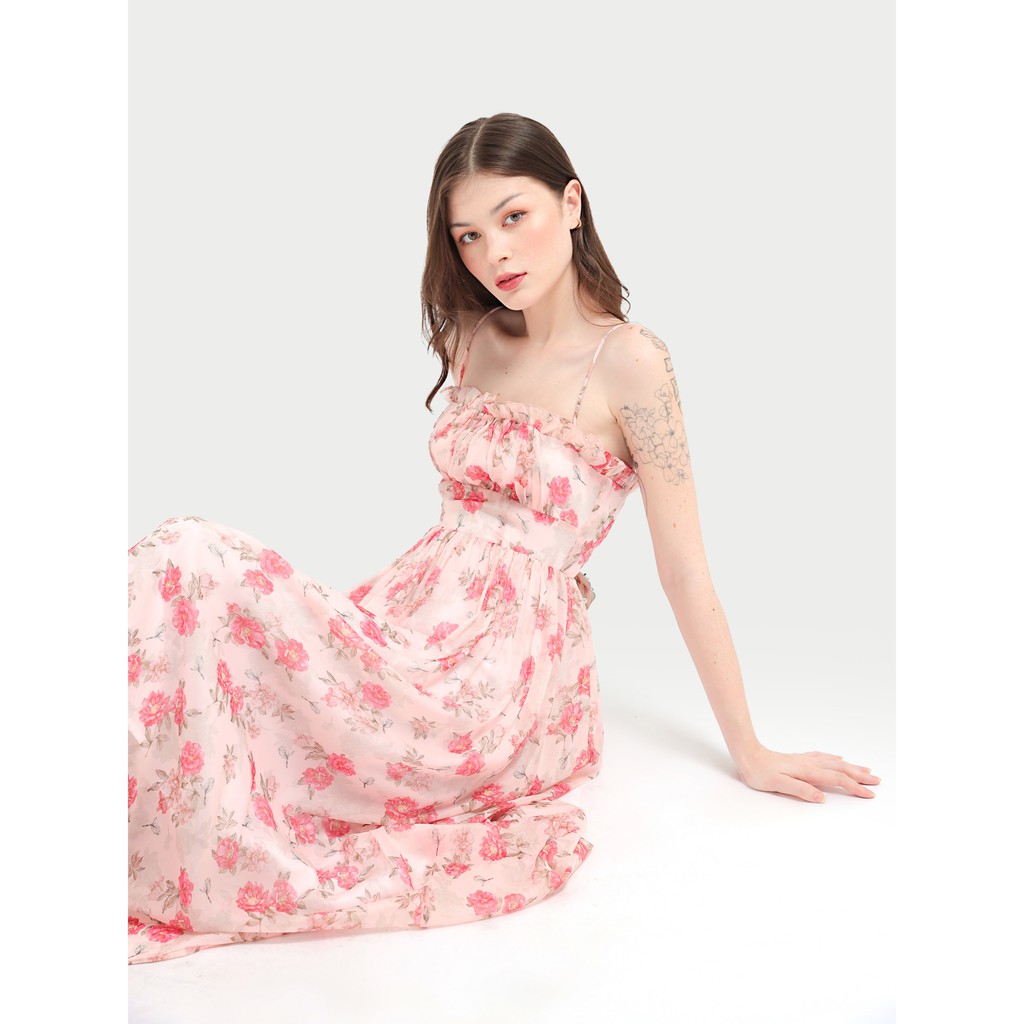 RECHIC Đầm Lonia Họa Tiết Hoa Hồng hai dây dáng dài xòe Nhún Ngực Xinh Xắn Dễ Thương