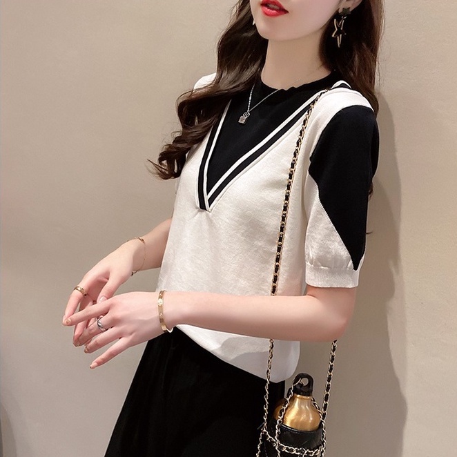 Áo dệt kim ZHELIHANGFEI ngắn tay phối màu thiết kế thời trang mùa hè cho nữ