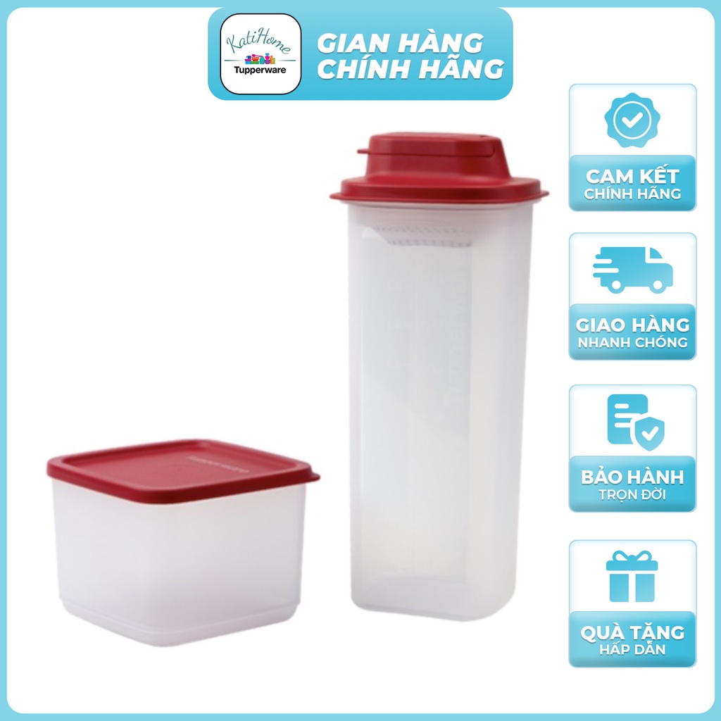 Bộ bình slim 2L có vạch chia, đựng nước lọc, nước detox vừa cánh tủ lạnh và hộp trữ mát 1L Tupperware