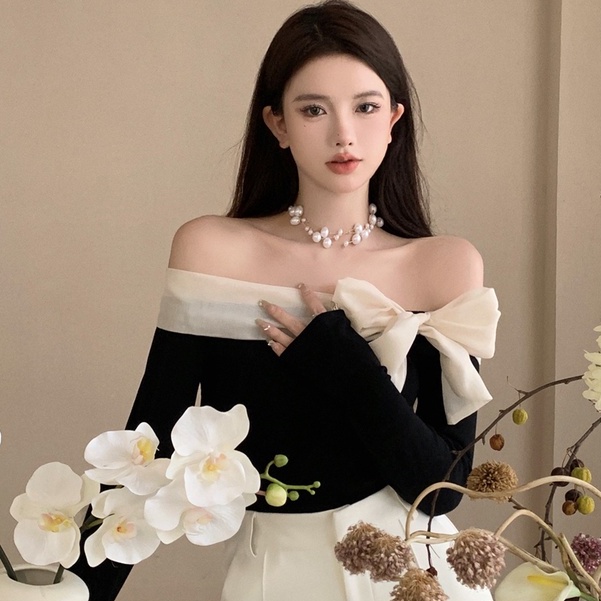Áo Thun Tay Dài Hở Vai Dáng Ôm Co Giãn Phong Cách Hàn Quốc Quyến Rũ