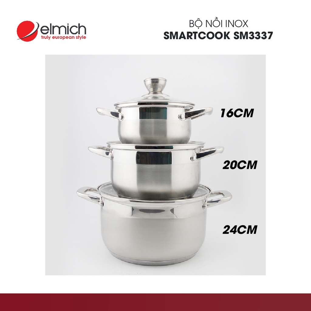 Bộ Nồi inox Smartcook 3 chiếc cỡ 16,20,24cm SM3337 | Hàng Chính Hãng | 2353337