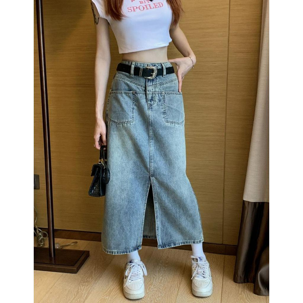 Chân váy jean Lưng Cao Xẻ Tà Thời Trang retro Cho Nữ