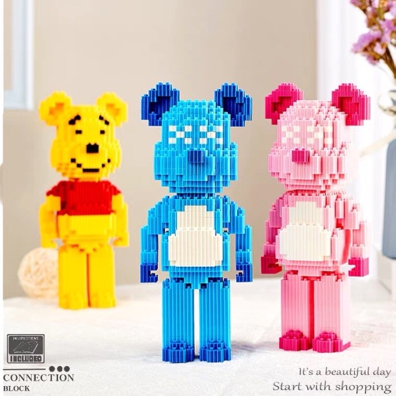 Đồ chơi xếp hình Gấu Bearbrick 19cm.GẤU DÂU.PIKACHU HOA QUẢ Đồ chơi lắp ráp mô hình bear brick 3D dễ thương