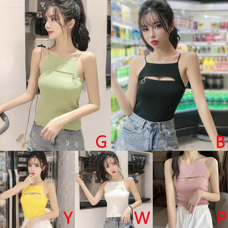 Áo Hai Dây Dệt Kim Màu Trơn Phối Khóa Kéo Thời Trang Hàn Quốc Quyến Rũ Cho Nữ