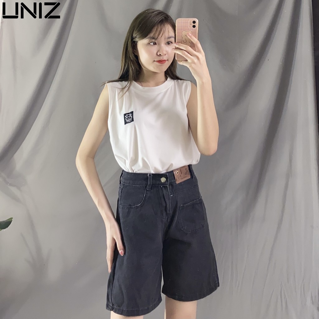 Quần Short Nữ Túi Trước UNIZ Q9015 (2 Màu), Ulzzang, Dáng Lửng, Cạp Cao, Ống Rộng Vừa, Vải Jean, Co Giãn, Mềm Nhẹ