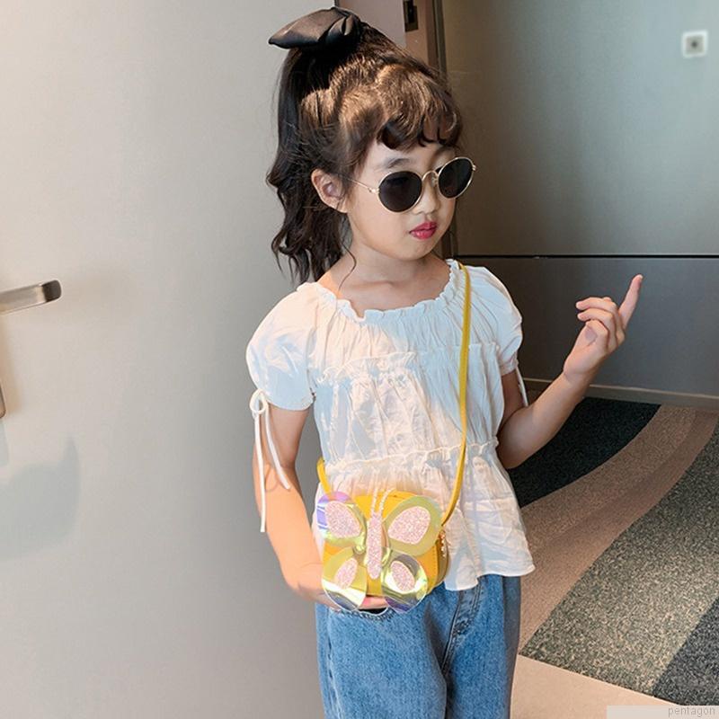 Túi đeo chéo mini bằng da PU đính sequin hình bướm dễ thương cho bé gái