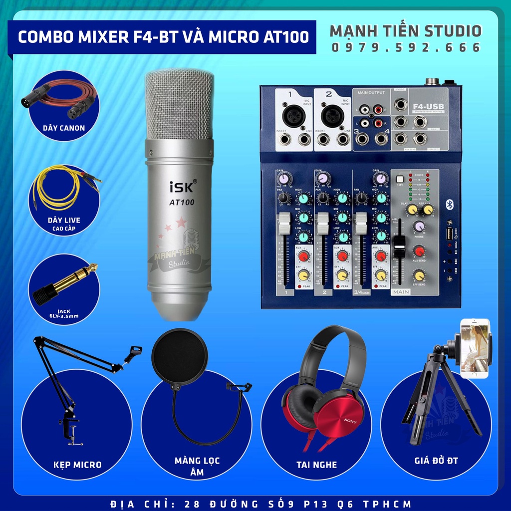[Sale Giá Sốc] Combo Micro AT100 + Bàn Mixer F4 - livetream bán hàng fb, shoppe, hát karaoke, thu âm chuyên nghiệp