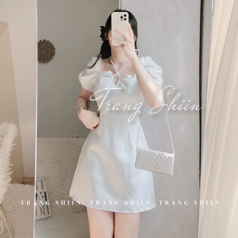 Đầm Nữ Tiểu Thư Sang Chảnh Dự Tiệc, Váy Cổ Yếm Mặc 2 Kiểu Trắng Đen Dây Cổ Khoét Ngực (đầm khoét ngực)