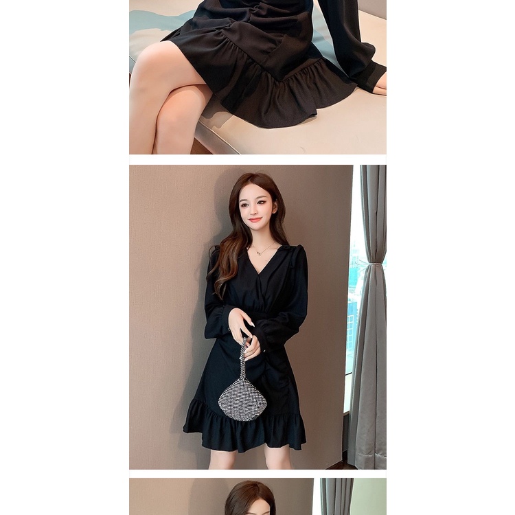 Đầm ôm eo màu đen phong cách Pháp thời trang mùa thu cho nữ