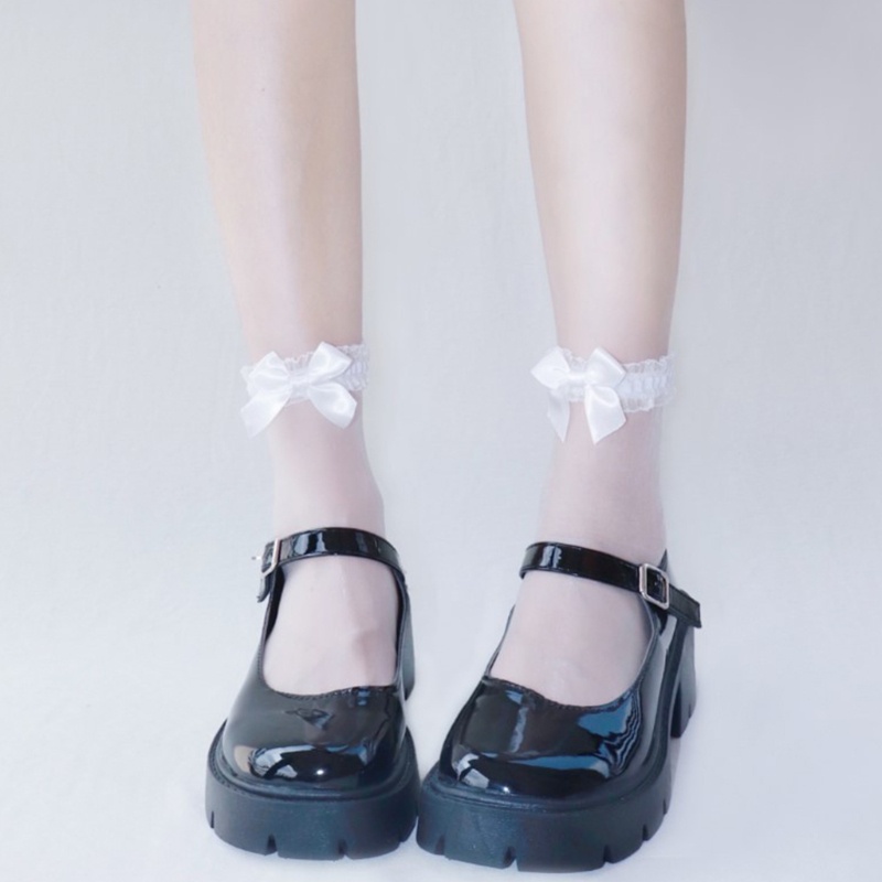 Xiangbao Vớ Thủy Tinh Trong Suốt Siêu Mỏng Thắt Nơ Phối Bèo Màu Trơn Phong Cách Lolita Nhật Bản Ngọt Ngào Cho Nữ