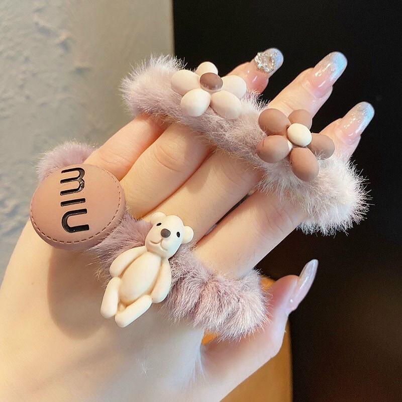 Vĩ 5 Dây Cột Tóc Nhung Lông Họa Tiết Hoạt Hình Phong Cách Hàn Quốc Xinh Xắn