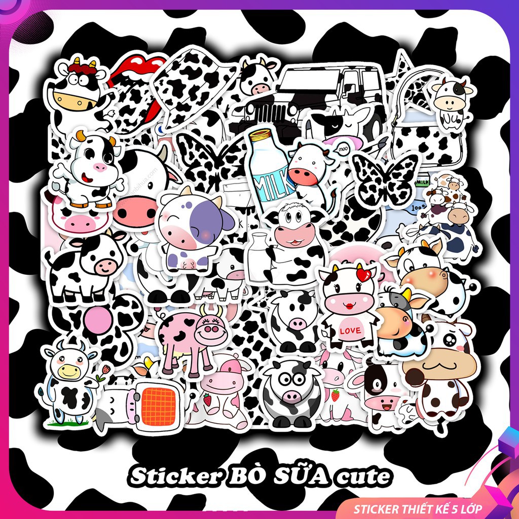 Sticker bò sữa siêu cute dán mũ bảo hiểm, sách, vali, laptop chống nước