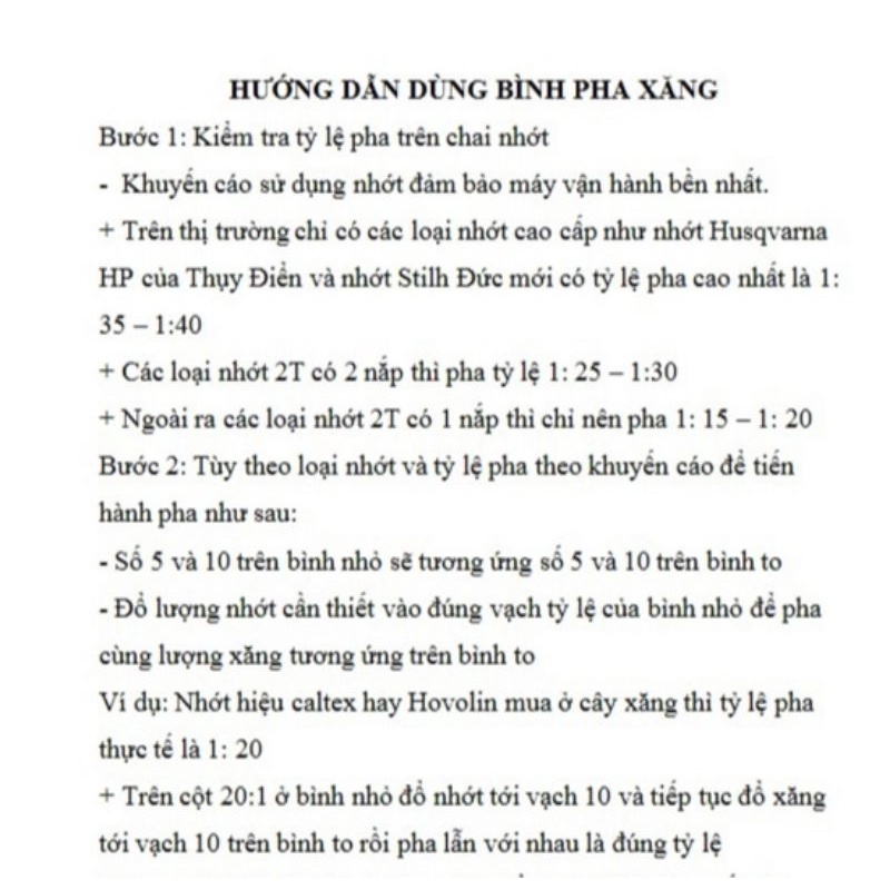 Bình pha nhiên liệu xăng và nhớt
