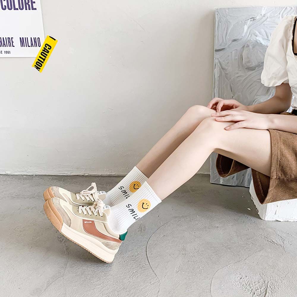 Vớ cotton cổ vừa thoáng khí in hình mặt cười hoạt hình dễ thương cho nữ