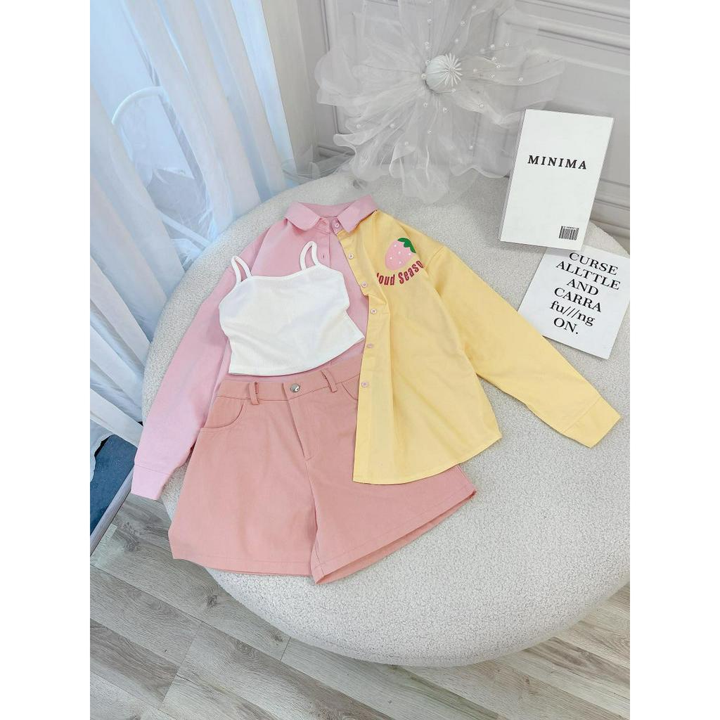 SET SƠ MI PHỐI MÀU + ÁO 2 DÂY TRẮNG + SHORT HỒNG