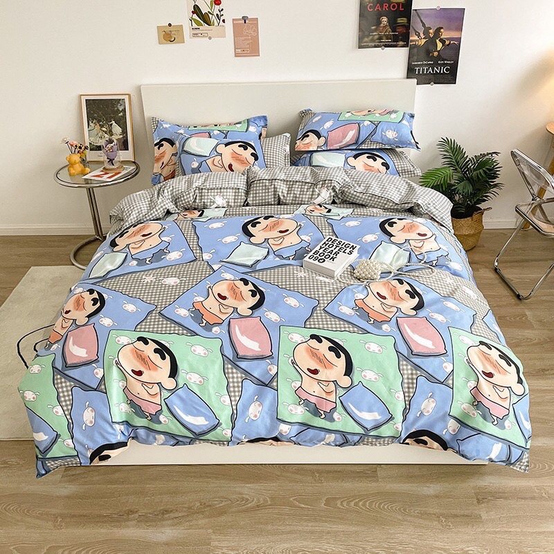 Bộ Chăn Ga Và Gối Cotton Poly Mẫu Cu Shin -Cậu Bé Bút Chì siêu đáng yêu đủ kích thước