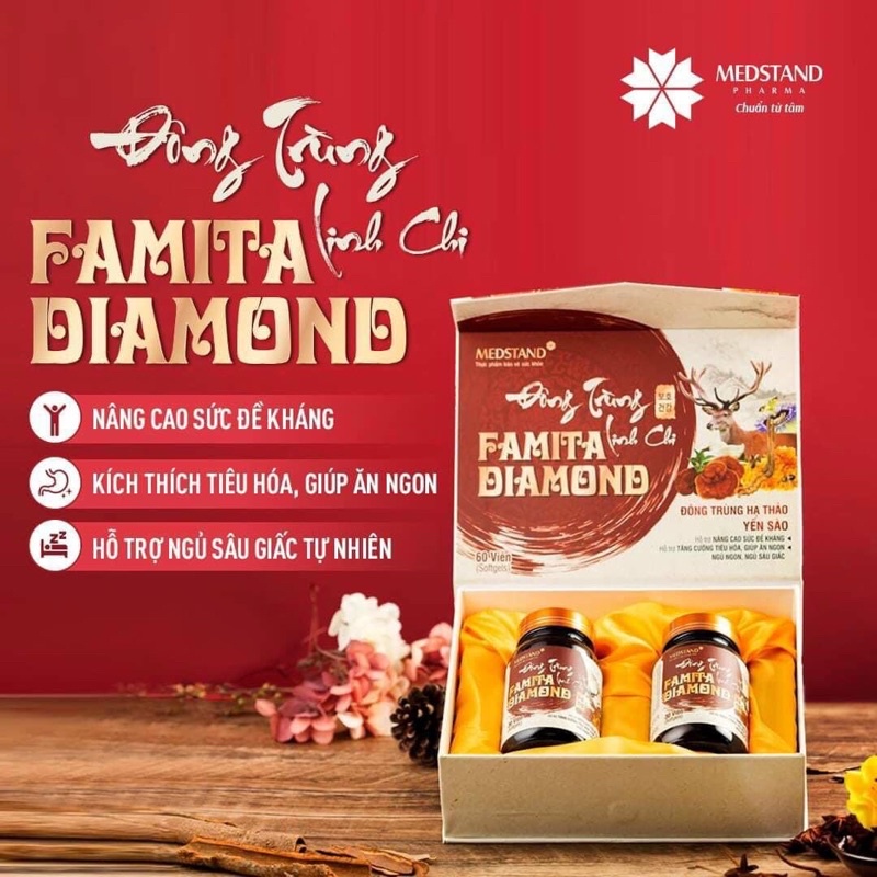 Đông Trùng Hạ Thảo Linh Chi FAMITA DIAMOND -Kích thích tiêu hóa, ăn ngon, ngủ ngon, tăng sức đề kháng (Hộp 60 viên)