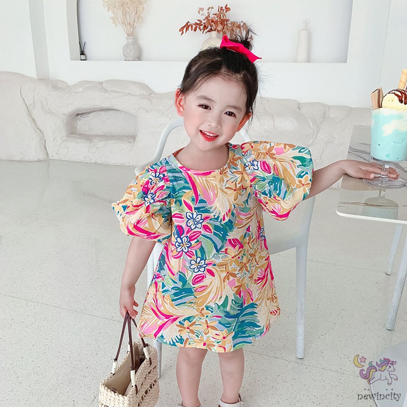 Đầm tay phồng in họa tiết thời trang cho bé gái