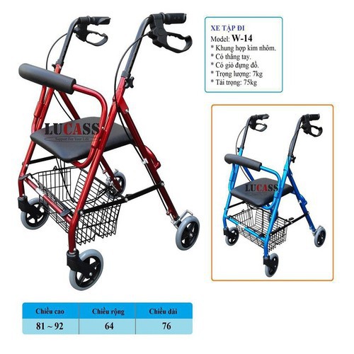 KHUNG TẬP ĐI CÓ GHẾ NGỒI, 4 BÁNH XE,CÓ PHANH TAY, GIỎ ĐỰNG ĐỒ LUCASS W-14