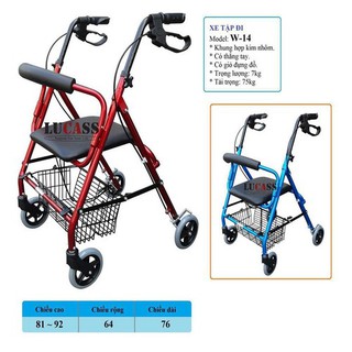 KHUNG TẬP ĐI CÓ GHẾ NGỒI, 4 BÁNH XE,CÓ PHANH TAY, GIỎ ĐỰNG ĐỒ LUCASS W-14
