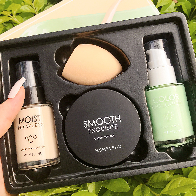 (hàng Mới Về)MSMEESHU Bộ trang điểm make up 4 món (Kem nền 35ml + Kem lót 35ml+ Phấn phủ 4.5g+Bột phồng)