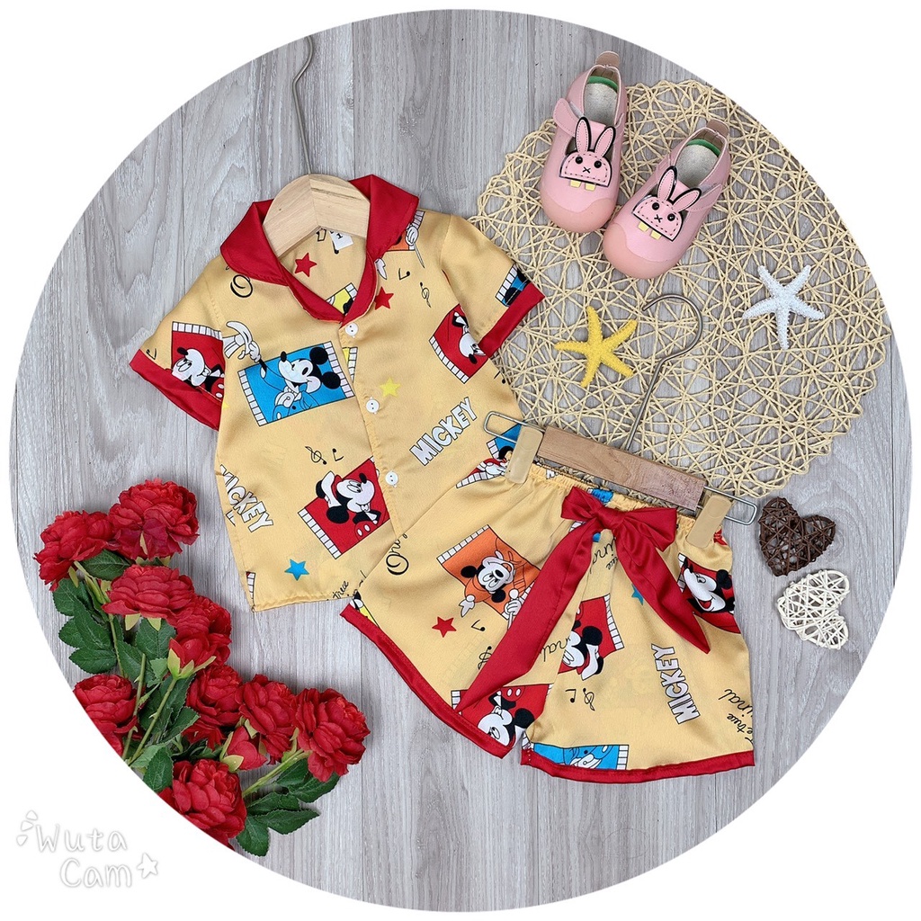 SALE BỘ PIJAMA CÔC TAY CHẤT LỤA SATIN MỀM MỊN MÁT CHO BÉ GÁI SIZE 14-27KG