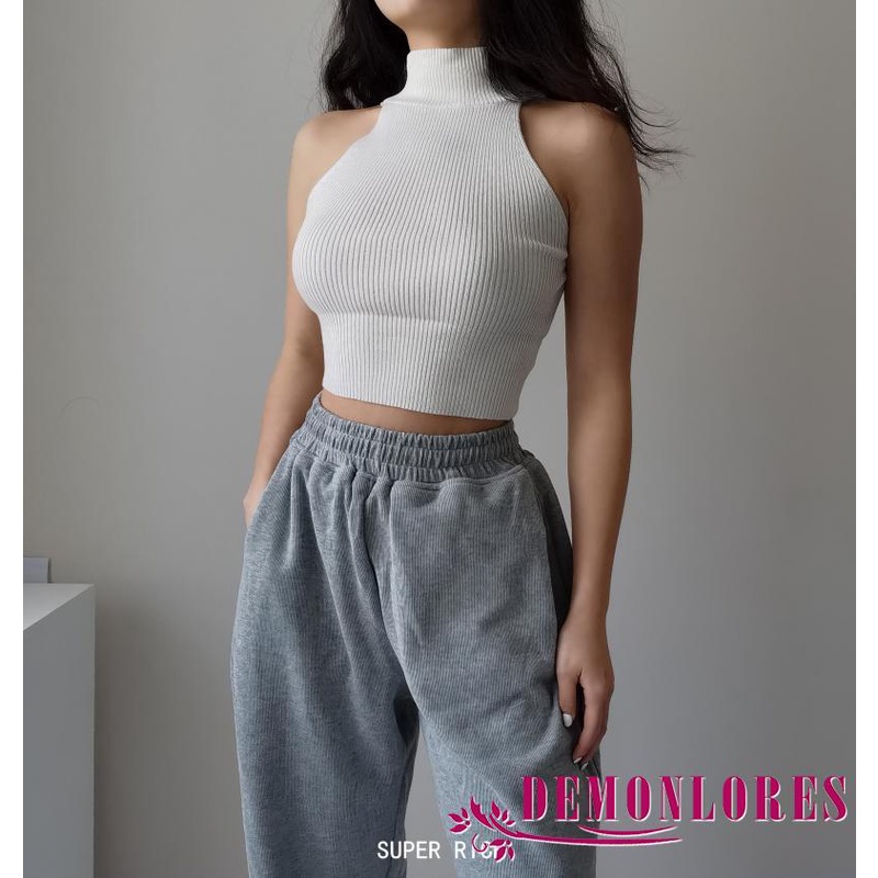 Áo Croptop Cổ Tròn Không Tay Màu Trơn Có Gân Cho Nữ