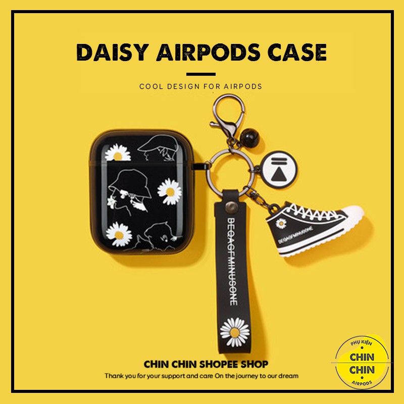 Set Case Vỏ Bao Airpods 1 2 Pro Hoa Cúc GD Màu Đen Mix Móc Khóa Siêu Đẹp Chất Liệu Nhựa TPU Chống Bẩn