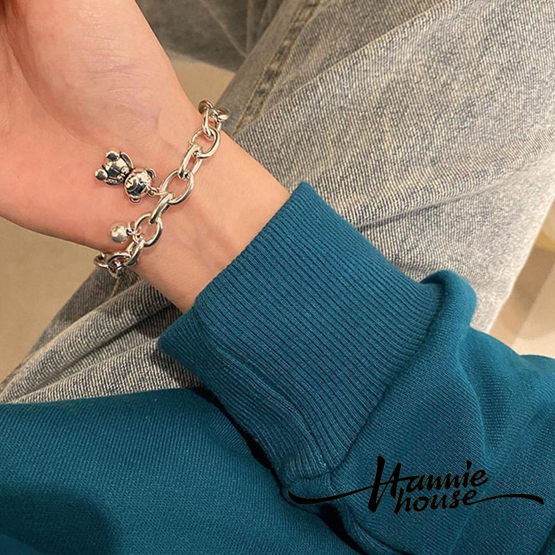 Vòng tay dây xích dày bằng kim loại mặt hình gấu có thể điều chỉnh dành cho nữ