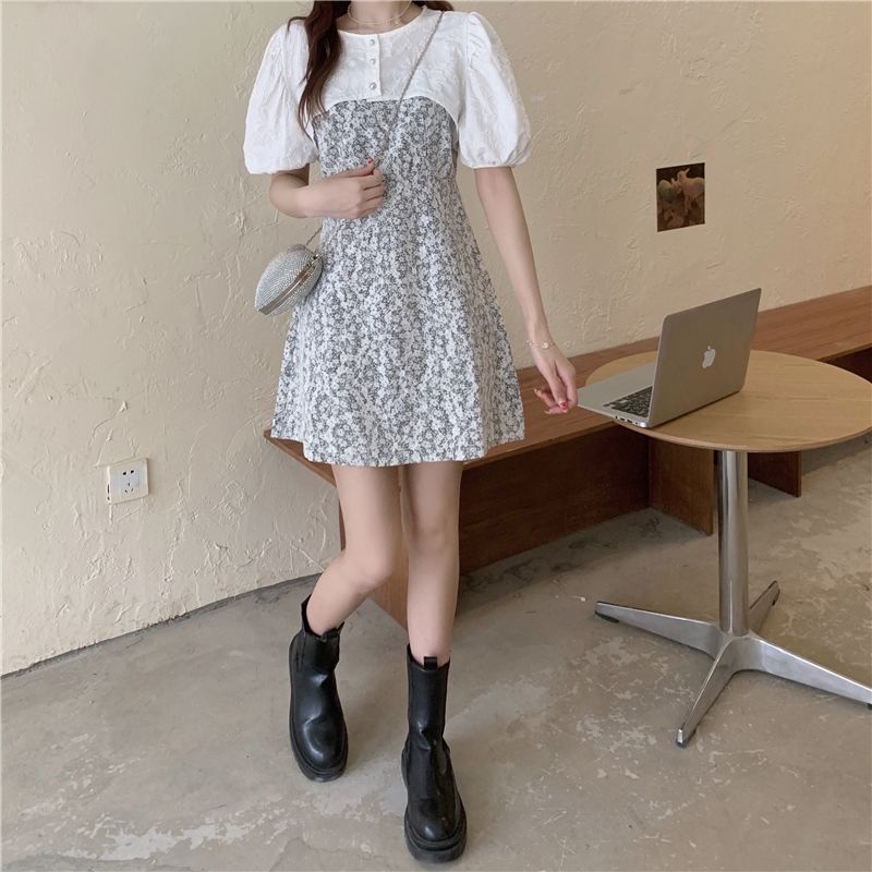 AMOI Đầm Hoa Hai Dây Ôm Eo Thời Trang Hàn Quốc Cho Nữ