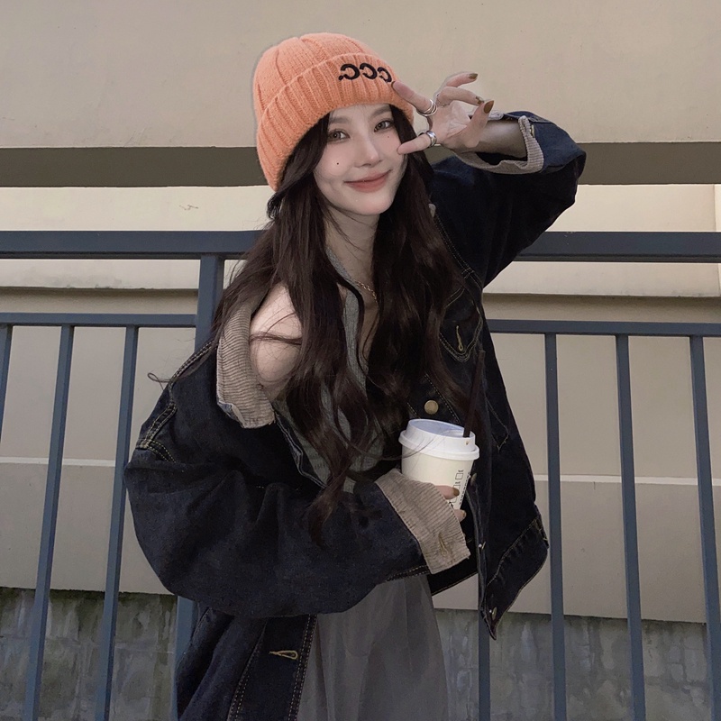 IELGY     Áo Khoác denim Tay Dài Dáng Rộng Phong Cách retro Dành Cho Nữ