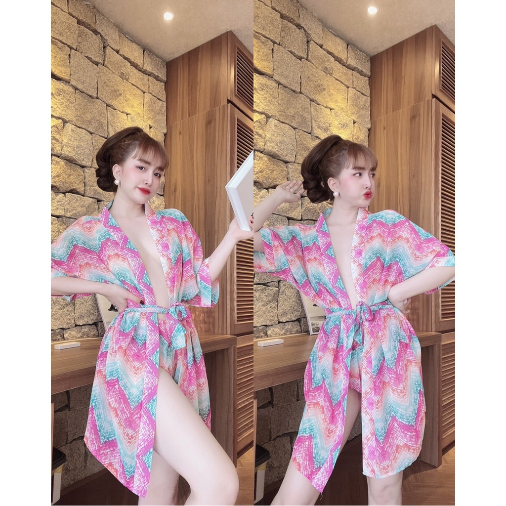 Áo Choàng Ngủ, Set Áo Choàng Kèm Quần Vải Satin Phối Voan Chất Siêu Mát Dáng Siêu Xinh