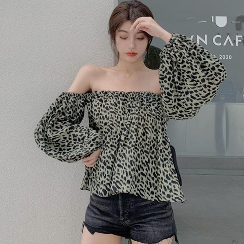 Áo kiểu chiffon trễ vai tay phồng họa tiết da báo quyến rũ thời trang cho nữ