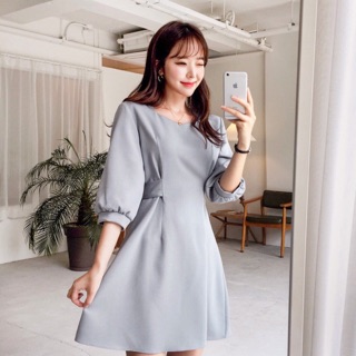 Đầm xám cổ U thắt nơ