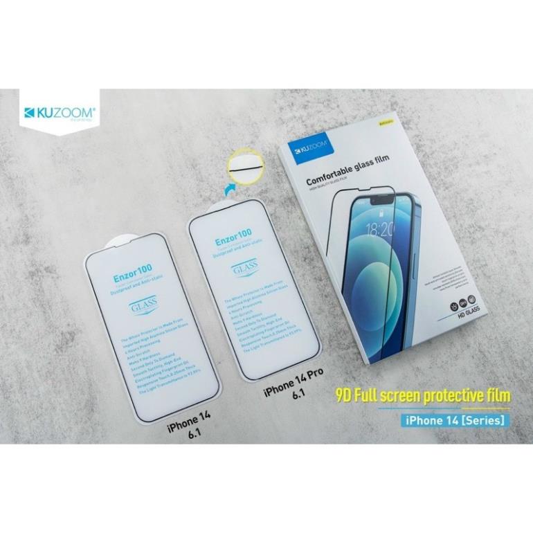Kính cường lực Kuzoom 9D cho IPhone 14, 14 Pro, 14 Max, 14 Pro Max Full màn hình xịn full Box