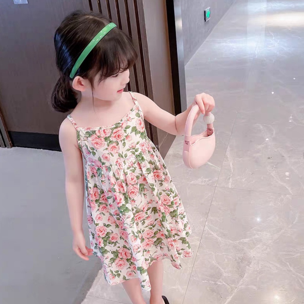 Váy cho bé gái hoa hồng 2 dây chun lưng từ 08-20kg