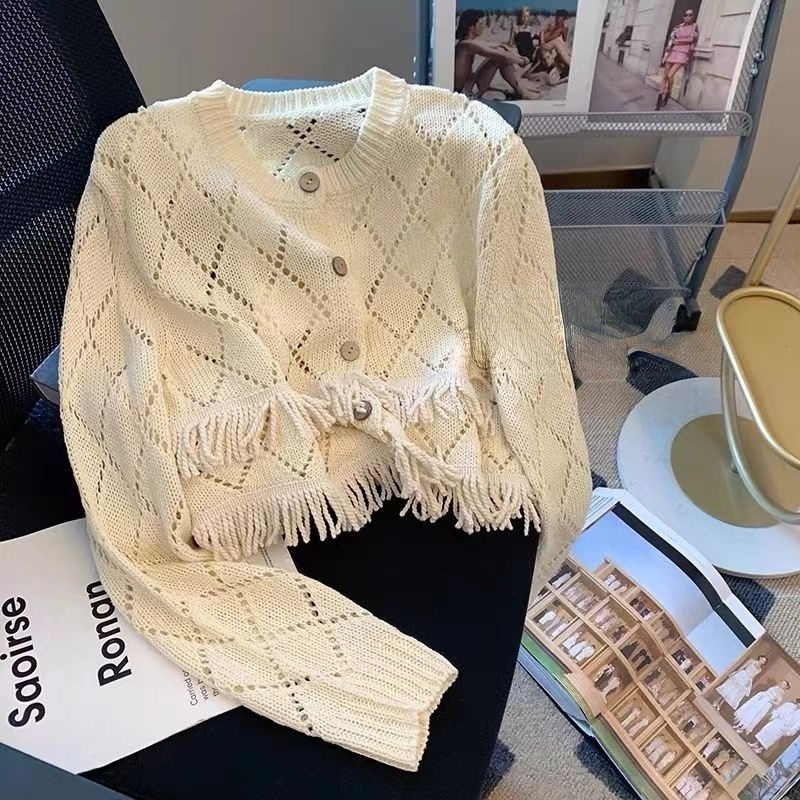 Áo Khoác cardigan Dệt Kim Mỏng Dáng Ngắn Phối Tua Rua Thời Trang Mùa Thu Hàng Mới Dành Cho Bạn Nữ