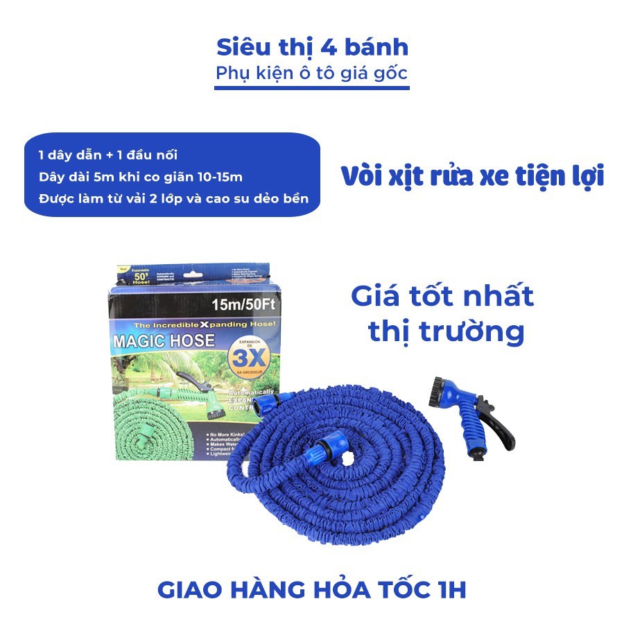 Vòi xịt rửa xe ô tô xe máy đa năng co giãn 15m van gắn cỡ 20mm, vòi tưới cây vệ sinh sân vườn magic hose