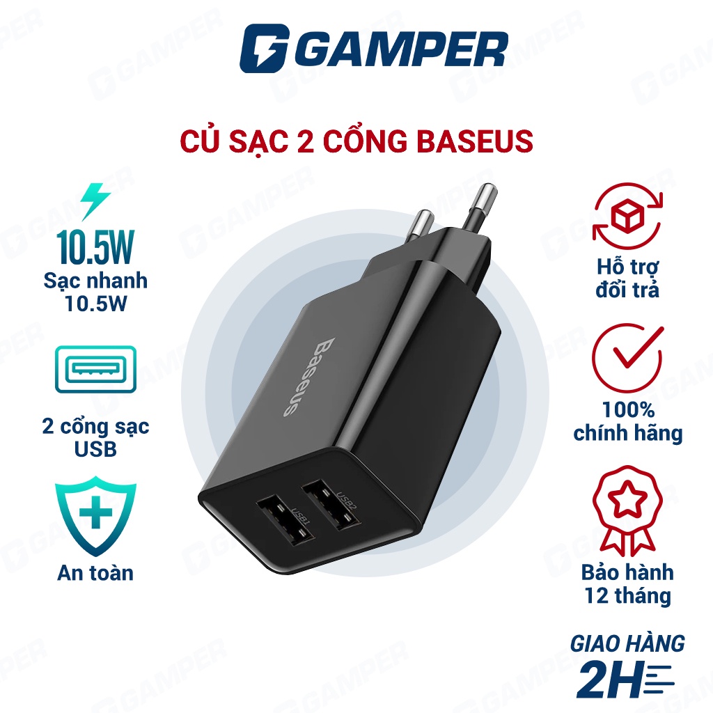 Củ Sạc 2 Cổng USB 10.5W Baseus Sạc Nhanh 2.1A Cho Điện Thoại IP Samsung Huawei Xiaomi Realme