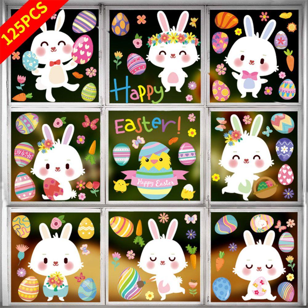 MUVAKO 125Pcs DIY Easter Window Clings for Glass/Windows/Mirror/Door Happy Easter Window Stickers Clings Decor Home, Office, Schoo Double-sided Printed Easter Eggs Party Supplies Bunny Carrot Flowers Easy to Use
