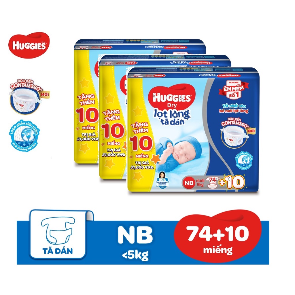 Combo 3 Bịch Tã Dán Sơ Sinh Huggies Size NB74 +10 Miếng (Mẫu Mới)
