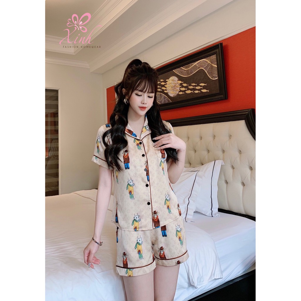 Bộ đồ mặc nhà nữ Xinh cổ pijama đùi lụa cao cấp họa tiết  -X425