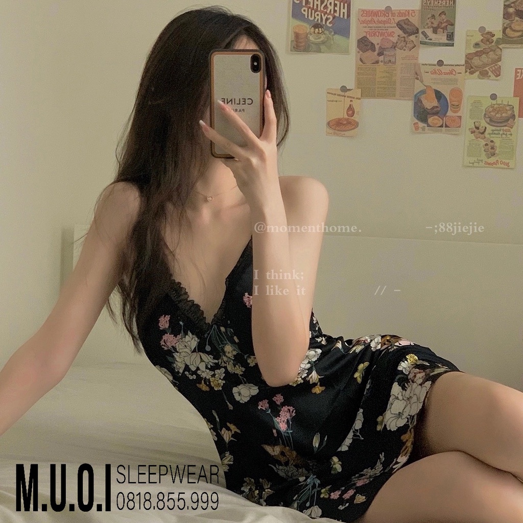 Váy ngủ lụa hoa ban xẻ đùi sexy kèm mút ngực 2021❤️FREESHIP❤️Đầm mặc nhà gợi cảm  QUẢNG CHÂU Muối store V59( video- ảnh)